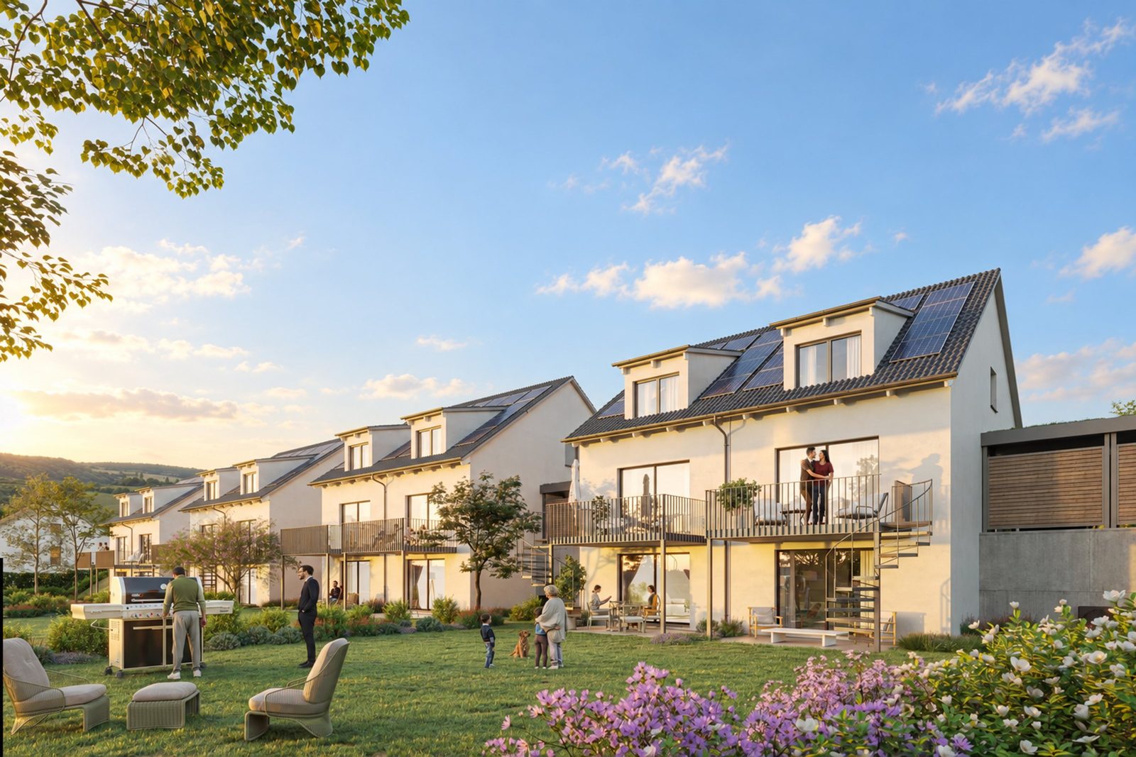 Visualisierung der Doppelhäuser Panorama Lörrach: Gartenseite mit Terrassen, Balkonen und Familien im Garten