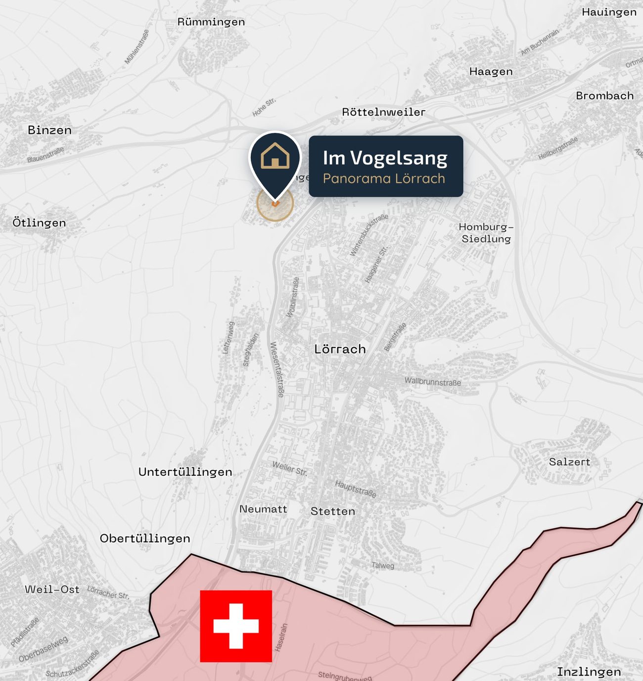 Lagekarte: Im Vogelsang am nördlichen Rand von Lörrach-Tumringen, südlich davon Lörrach und die Schweizer Grenze