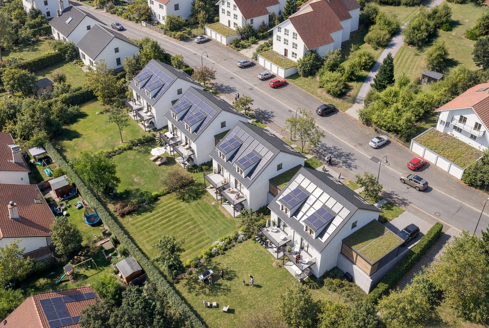 Luftbild-Darstellung der acht Doppelhaushälften entlang der Straße Im Vogelsang, jede mit eigenem Garten