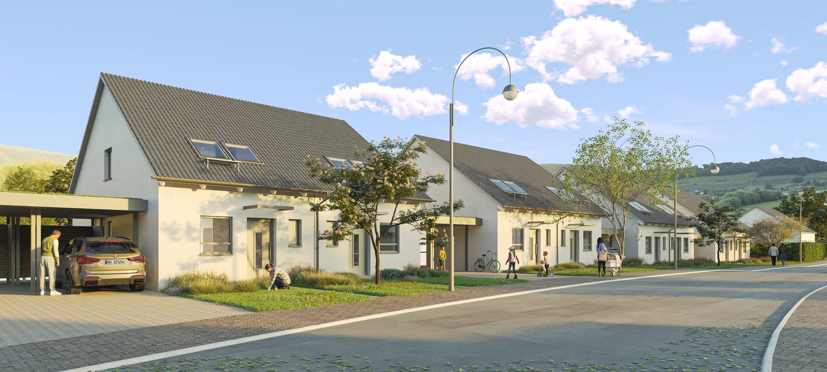 Die Straße Im Vogelsang mit den Doppelhäusern, Carport und Hauszugängen