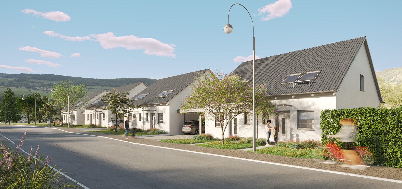 Straßenansicht der Doppelhäuser mit Hauszugängen